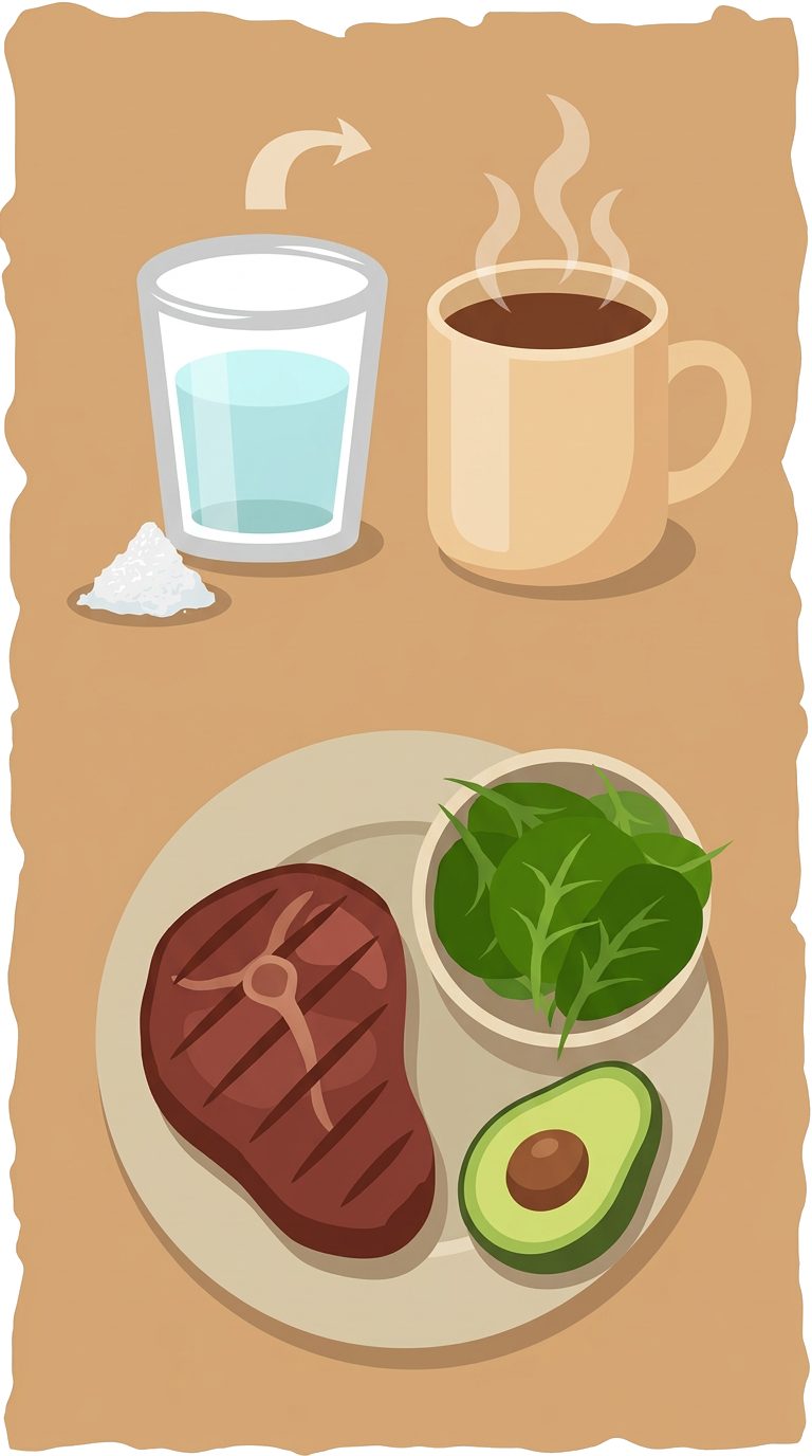 water glass with salt, steaming bone broth mug, grilled steak with greens and avocado