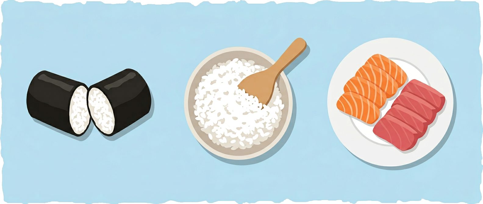 sushi roll halves with rice, bowl of white rice, and salmon tuna sashimi plate