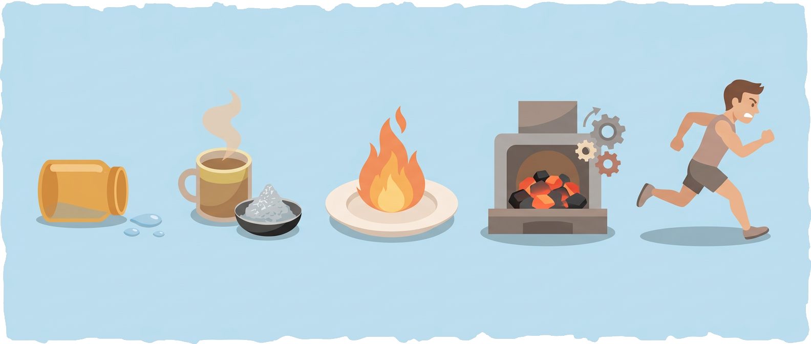 tipped jar with water drops, steaming mug with salt bowl, flame on plate, furnace with gears and running man