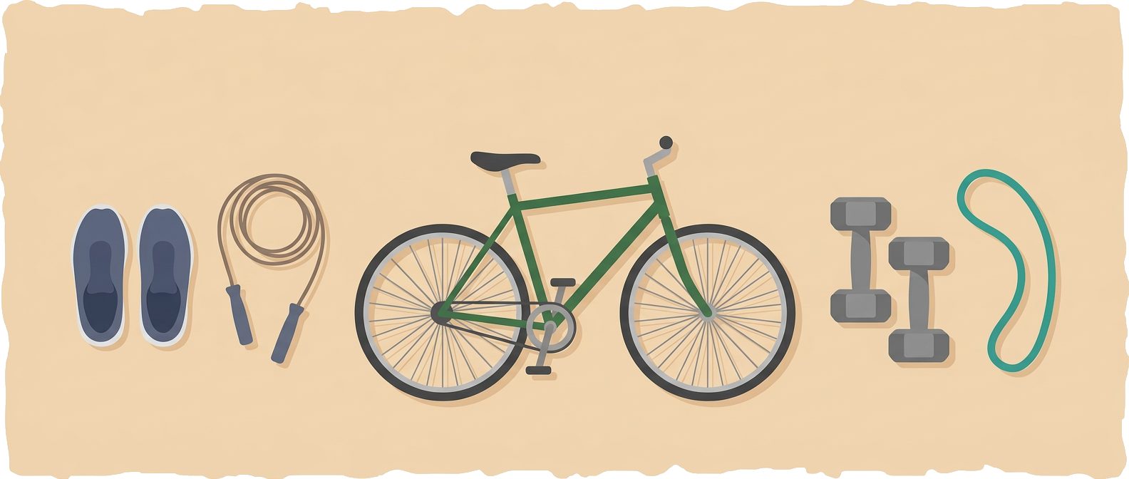 running shoes, jump rope, green bicycle, dumbbells and resistance band