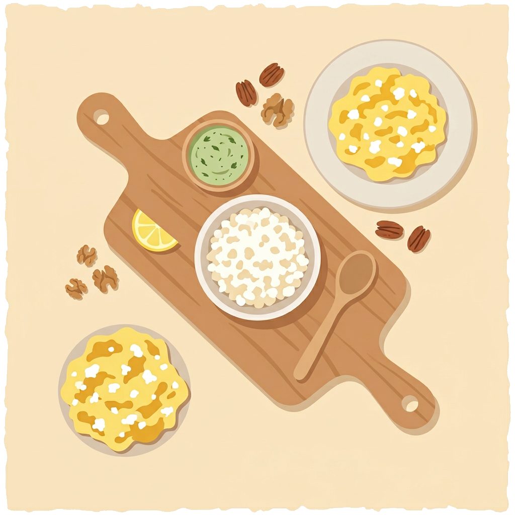 cutting board with cottage cheese bowl, herb dip, scrambled eggs and scattered nuts