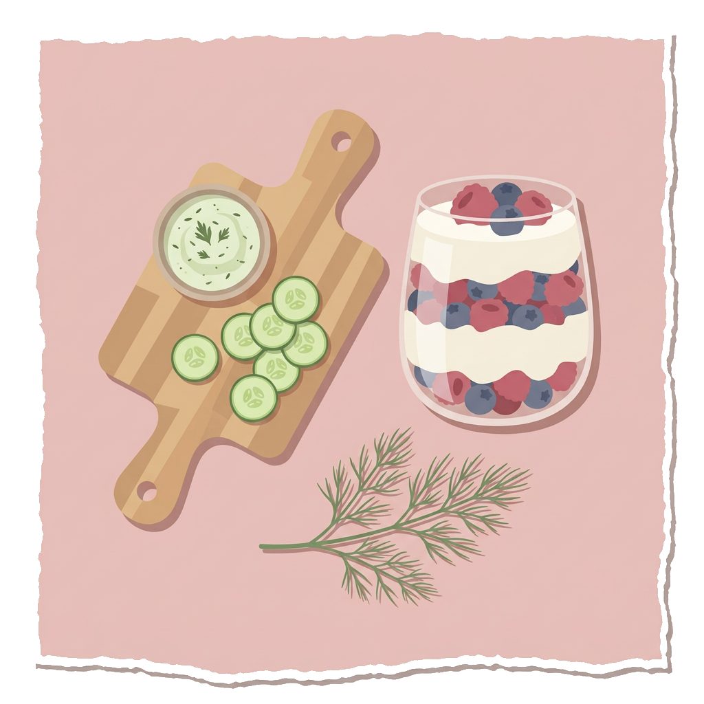 yogurt parfait with berries, cutting board with cucumber slices and herb dip