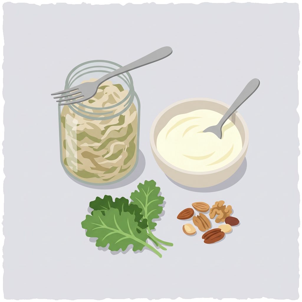 sauerkraut jar with fork, yogurt bowl with spoon, kale leaves and mixed nuts