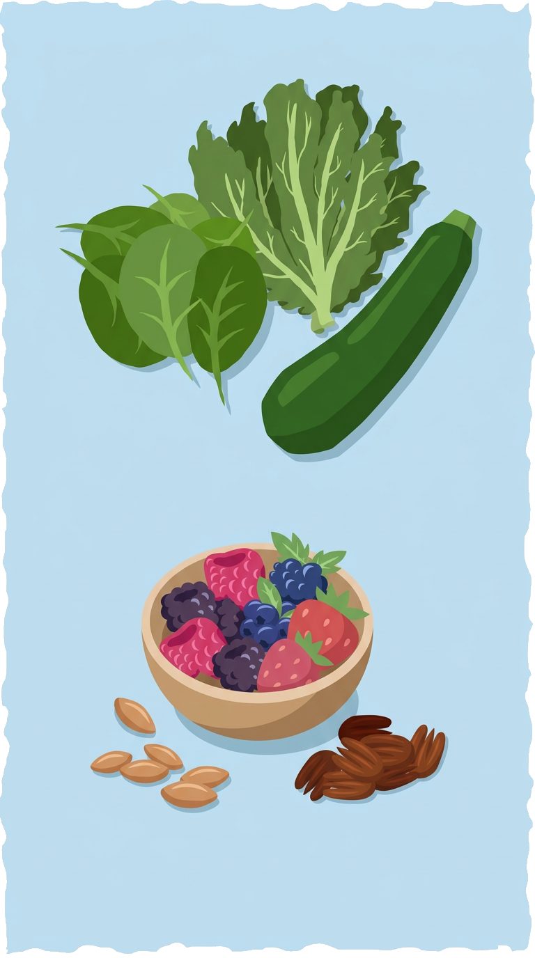 spinach, kale, zucchini above bowl of mixed berries with almonds and pecans