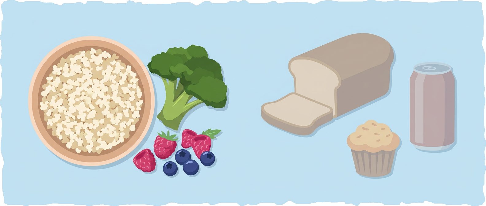 bowl of lentils, broccoli and berries beside bread, cupcake and soda can