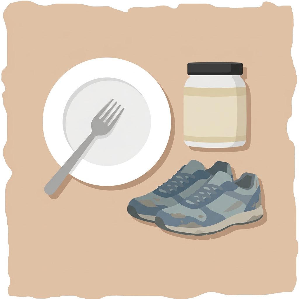 empty plate with fork, supplement powder jar, worn-out sneakers