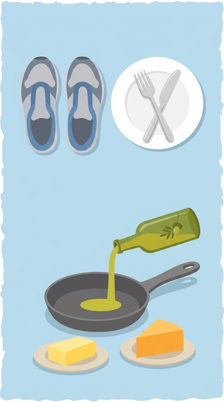 running shoes, empty plate with crossed fork and knife, olive oil pouring into skillet with butter and cheese