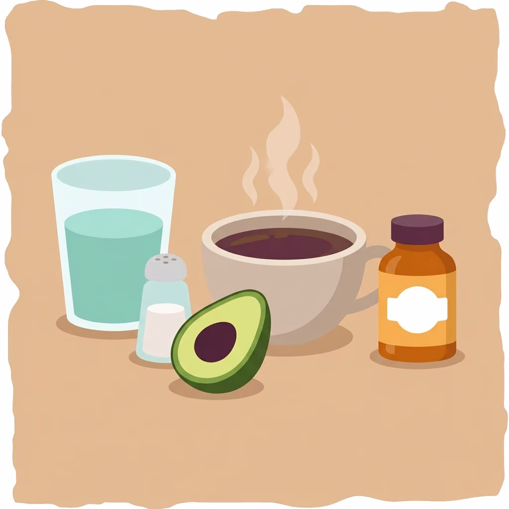 glass of water, salt shaker, avocado half, cup of bone broth with steam, supplement bottle