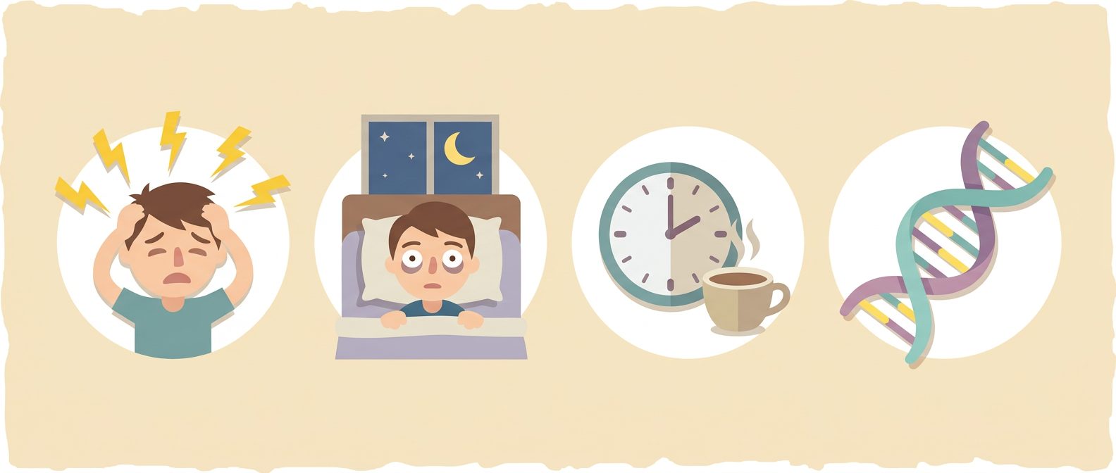 stressed person with lightning bolts, person awake in bed, clock with coffee cup, and dna helix