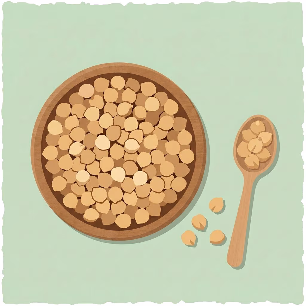 wooden bowl of chickpeas with spoon and scattered chickpeas
