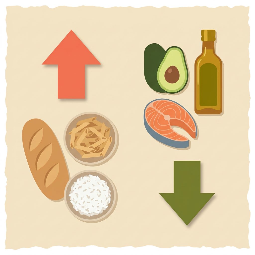 bread, pasta and rice with upward arrow versus salmon, avocado and olive oil with downward arrow