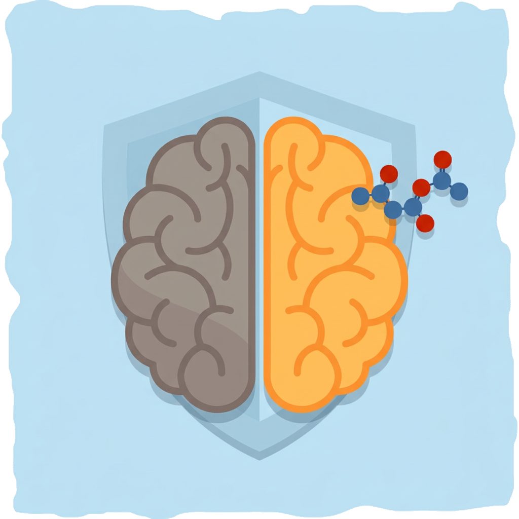 split brain with dim and bright halves, ketone molecule and shield