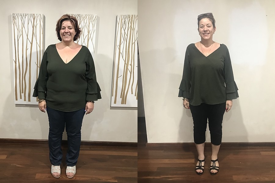 Natalie in the same top before and after keto